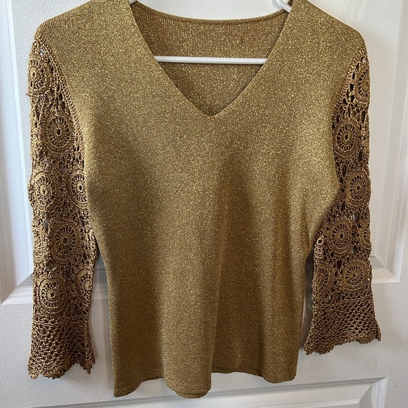 Vtg 90s Y2K gold threaded CROCHET sleeve sweater top S M disco jeans glam boho - Picture 2 of 9